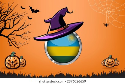 rwanda round flag with Happy Halloween banner or party invitation background. bats, spiders and pumpkins, orange background