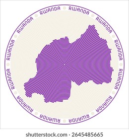 Rwanda round logo design. Country shape built of rings. Rwanda text around the country. Vector Illustration.