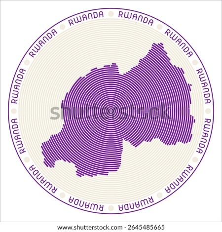 Rwanda round logo design. Country shape build of rings. Rwanda text around the country. Vector Illustration.
