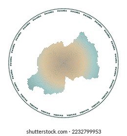 Rwanda round logo. Digital style shape of Rwanda in dotted circle with country name. Tech icon of the country with gradiented dots. Awesome vector illustration.