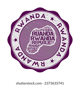 Rwanda seal. Country round logo with shape of Rwanda and country name in multiple languages word cloud. Appealing emblem. Radiant vector illustration.