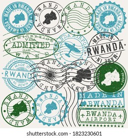 Rwanda Set Of Stamps. Travel Passport Stamps. Made In Product Design Seals In Old Style Insignia. Icon Clip Art Vector Collection.