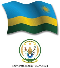 rwanda shadowed textured wavy flag and coat of arms against white background, vector art illustration, image contains transparency transparency