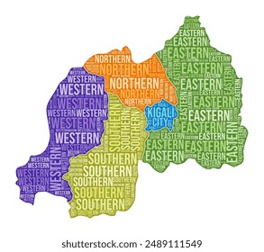 Rwanda shape. Country word cloud with region division. Rwanda colored illustration. Region names cloud. Vector illustration.