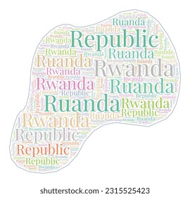 Forma Ruanda llena de nombre de país en muchos idiomas. Mapa de Ruanda al estilo de WordCloud. Ilustración vectorial con estilo.