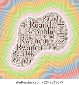 Rwanda shape formed by country name in multiple languages. Rwanda border on stylish striped gradient background. Vibrant poster. Radiant vector illustration.