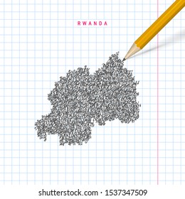 Rwanda sketch scribble vector map drawn on checkered school notebook paper background