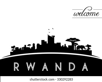 Rwanda skyline silhouette, black and white design, vector illustration