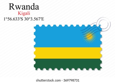 rwanda stamp design over stripy background, abstract vector art illustration, image contains transparency