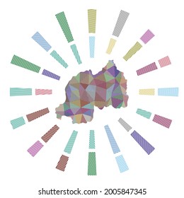 Ruanda estalló. Rayos de rayas bajas de poli y mapa del país. Hermosa ilustración vectorial.