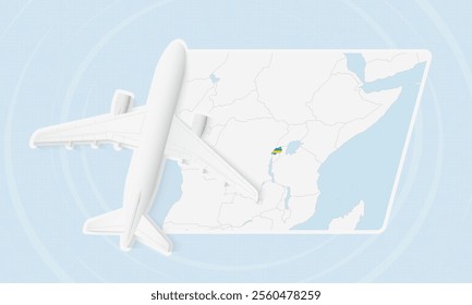 Rwanda Travel Illustration with Plane and National Flag. Ideal for travel agencies, promotional materials, or geographic content related to Rwanda.