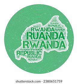 Imagen vectorial de Ruanda. Diseño de logotipo de campo. Afiche de Ruanda en arcos circulares y estilo de la nube de palabras. Ilustración vectorial moderna.