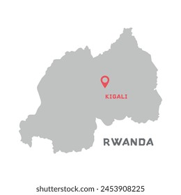 Rwanda vector map illustration, country map silhouette with mark the capital city of Rwanda inside. Map of Swanda vector drawing. Filled version illustration isolated on white background.