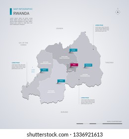 Rwanda vector map with infographic elements, pointer marks. Editable template with regions, cities and capital Kigali. 