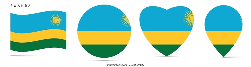 Rwanda waving flag, round circle sticker badge, heart shaped icon, map pin. Rwandan flag buttons of different shapes. Vector illustration isolated on white.
