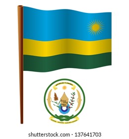 rwanda wavy flag and coat of arm against white background, vector art illustration, image contains transparency