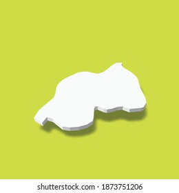 Ruanda - mapa blanco de silueta 3D de la zona del país con sombra caída sobre el fondo verde. Simple ilustración vectorial plana.