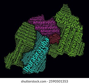 Rwanda Word Cloud. Region names of the country in the Rwandan language. Bright neon style design on a dark background. Rwanda shape with administrative division. Trending vector illustration.