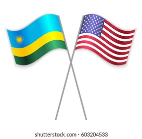 Rwandan and American crossed flags. Rwanda combined with United States of America isolated on white. Language learning, international business or travel concept.