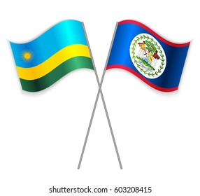Rwandan and Belizean crossed flags. Rwanda combined with Belize isolated on white. Language learning, international business or travel concept.