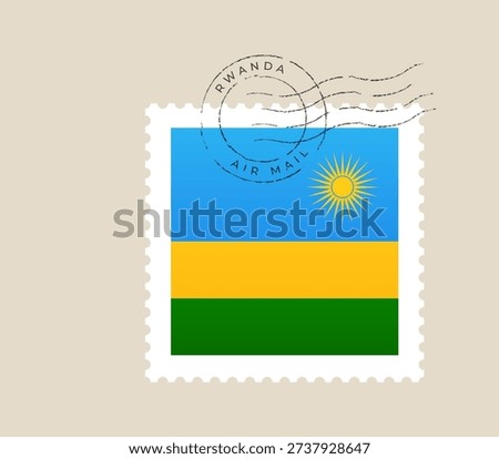 Rwandan flag postage stamp with an air mail cancellation postmark, a vector illustration for international travel and communication..
