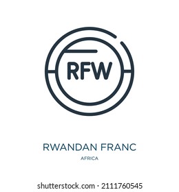 icono de línea delgada del franco rwandés. economía, íconos lineales de dinero del concepto africano, señal de contorno aislado. Elemento de símbolo de ilustración vectorial para diseño web y aplicaciones.