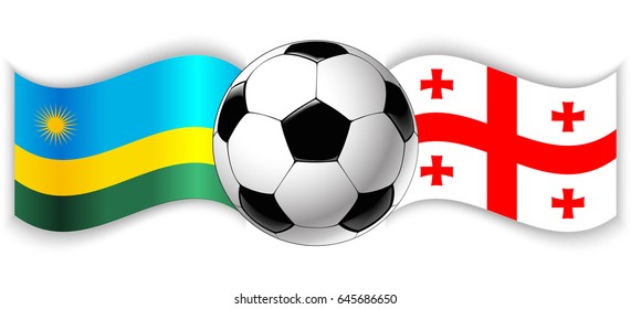 Rwandan and Georgian wavy flags with football ball. Rwanda combined with Georgia isolated on white. Football match or international sport competition concept.