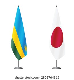Rwandan and Japan flags on flagpoles for official ceremonies and meetings, transparent background vector