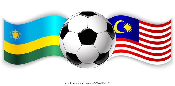 Rwandan and Malaysian wavy flags with football ball. Rwanda combined with Malaysia isolated on white. Football match or international sport competition concept.