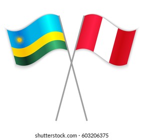 Rwandan and Peruvian crossed flags. Rwanda combined with Peru isolated on white. Language learning, international business or travel concept.