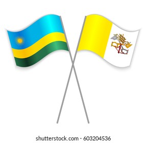 Rwandan and Vatican crossed flags. Rwanda combined with Vatican City State isolated on white. Language learning, international business or travel concept.