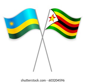 Rwandan and Zimbabwean crossed flags. Rwanda combined with Zimbabwe isolated on white. Language learning, international business or travel concept.
