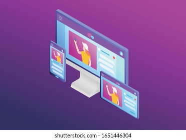 rwd responsive website design development with various screen size and isometric style