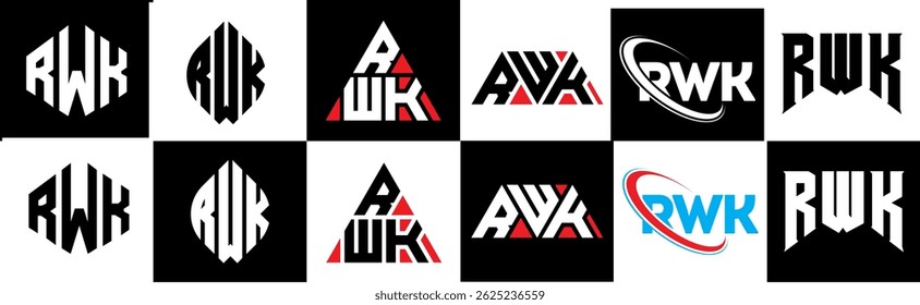 RWK letter logo design in six style. RWK polygon, circle, triangle, hexagon, flat and simple style with black and white color variation letter logo set in one artboard. RWK minimalist and classic logo