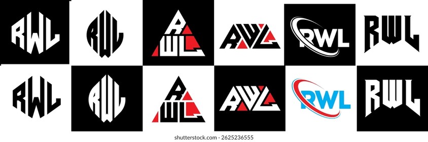 RWL letter logo design in six style. RWL polygon, circle, triangle, hexagon, flat and simple style with black and white color variation letter logo set in one artboard. RWL minimalist and classic logo