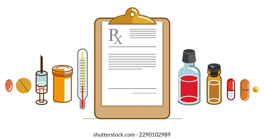 RX doctor prescription with different drugs and medicine vector flat style illustration isolated over white, advertising banner health care and healing medical theme design.