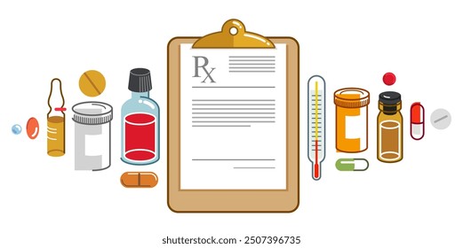 RX doctor prescription with different drugs and medicine vector flat style illustration isolated over white, advertising banner health care and healing medical theme design.