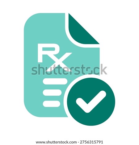An RX document with a check mark represents prescription validity and approved status. This graphic suits pharmacy verification systems, clinic software, telehealth workflows, and medical compliance materials