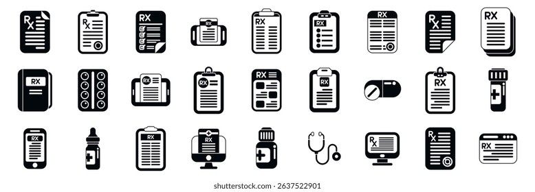  RX form icons set. Collection of prescription icons representing various aspects of healthcare, treatment, and medication