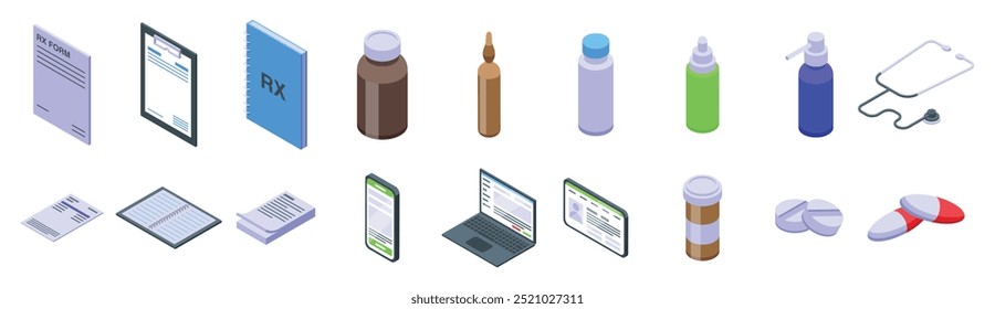 RX form icons set. Doctor prescription online, medical treatment, pharmacy, drugstore concept isometric icons set for web, banner, infographics