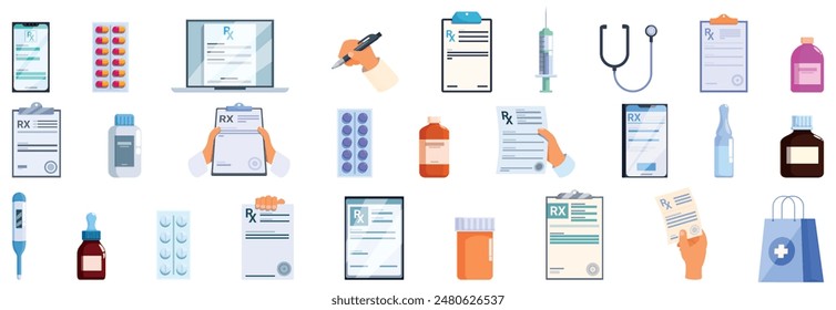 RX form icons set. Pharmacist holding rx prescription form, doctor writing prescription, medication, pills and bottles, online medicine