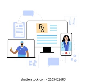 Formulario RX, documento digital de prescripción médica. Receta de médico a paciente. Medicina, píldoras y atención médica. Medicamentos, farmacia y tratamiento. Ilustración vectorial de la lucha contra la dosificación de drogas