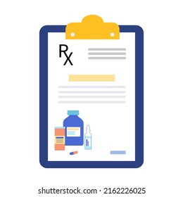 RX form, medical prescription document. Recipe from doctor to patient. Medicine, pills and healthcare concept. Medications, pharmacy and treatment. Painkiller and drug dose control vector illustration