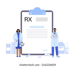 RX form, medical prescription document. Recipe from doctor to patient. Medicine, pills and healthcare concept. Medications, pharmacy and treatment. Painkiller and drug dose control vector illustration