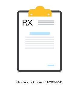 Formulario RX, documento de prescripción médica. Receta de médico a paciente. Medicina, píldoras y concepto de salud. Medicamentos, farmacia y tratamiento. Ilustración vectorial de la lucha contra la dosificación de drogas