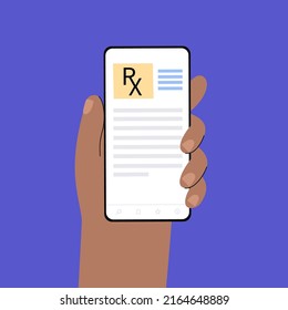 Formulario RX, documento de prescripción médica online. Receta de médico a paciente por teléfono. Medicina, píldoras y atención médica. Medicamentos, farmacia y tratamiento. Analgésico y vector de control de dosis de drogas.