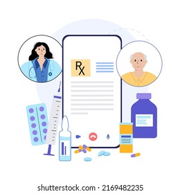 RX form, medical prescription online document. Recipe from doctor to patient in phone. Medicine, pills and healthcare. Medications, pharmacy and treatment. Painkiller and drug dose control vector.