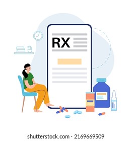 RX form, medical prescription online document. Recipe from doctor to patient in phone. Medicine, pills and healthcare. Medications, pharmacy and treatment. Painkiller and drug dose control vector.