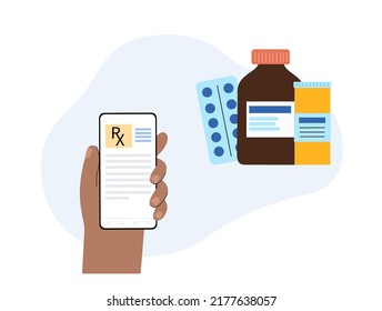 Formulario RX, documento de prescripción médica online. Receta de médico a paciente por teléfono. Medicina, píldoras y atención médica. Medicamentos, farmacia y tratamiento. Analgésico y vector de control de dosis de drogas.