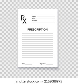 RX form, medical prescription realistic paper document on transparent background. Recipe from doctor to patient. Medications, pharmacy and treatment. Painkiller, drug dose control vector illustration.